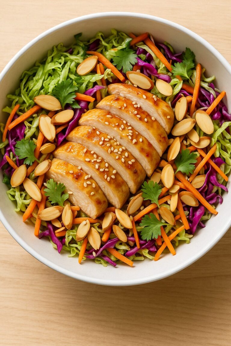 Crunchy Asian sesame chicken salad tossed with shredded cabbage, carrots and toasted almonds in a white bowl
