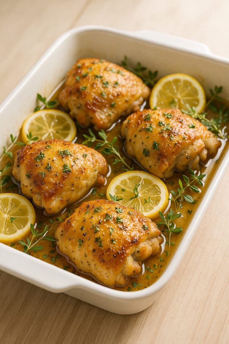 Baked lemon herb chicken thighs with crispy golden skin and lemon slices in a cast iron skillet