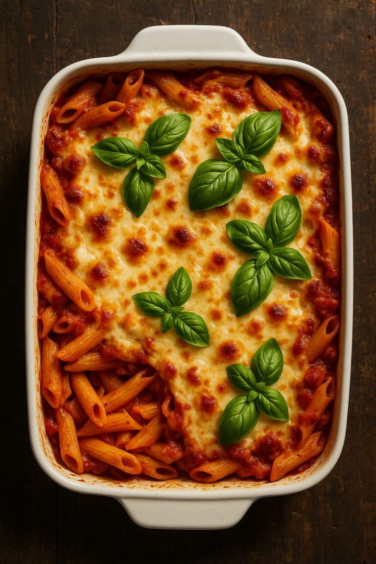 Cheesy baked ziti with bubbling melted mozzarella and marinara, scooped from a baking dish