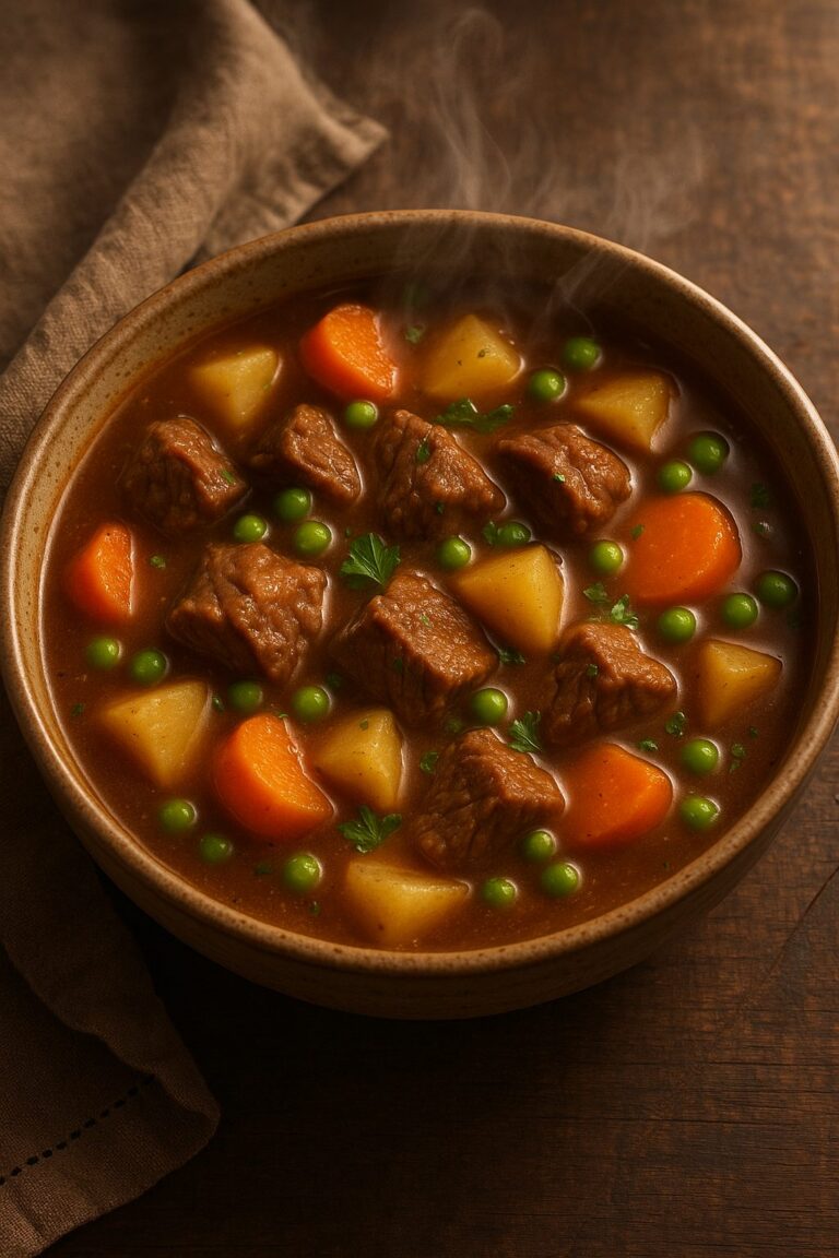 Hearty beef and vegetable soup with tender beef, carrots and potatoes in a rich broth
