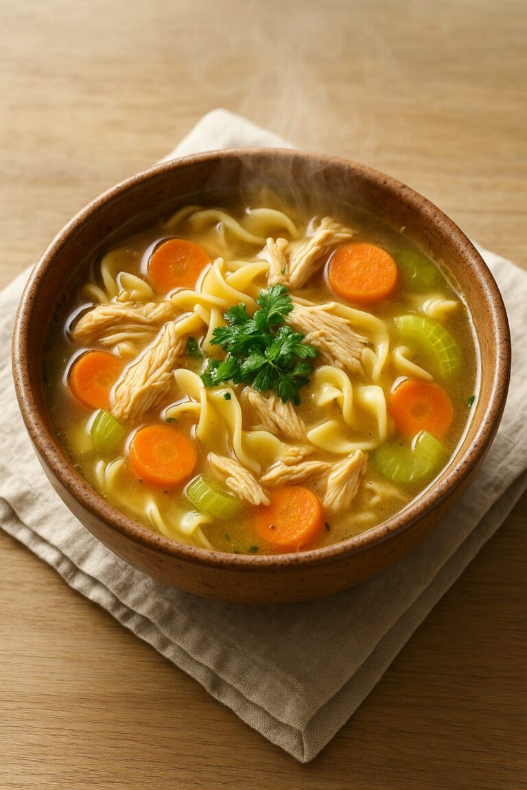 Cozy chicken noodle soup with egg noodles, carrots and shredded chicken in a white bowl