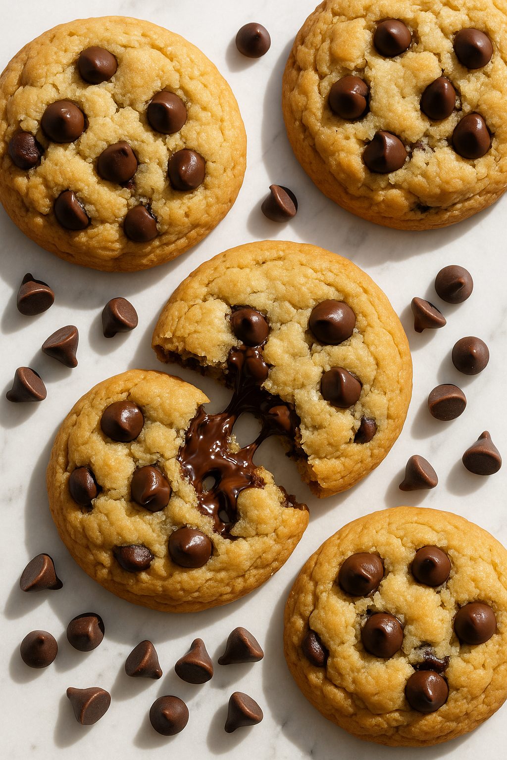 Soft bakery-style chocolate chip cookies with gooey melted chocolate pools, stacked on parchment
