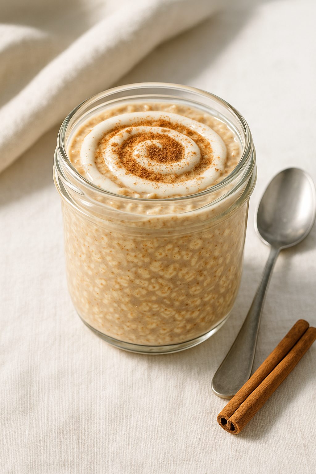 Cinnamon roll overnight oats in a glass jar topped with a sweet vanilla drizzle