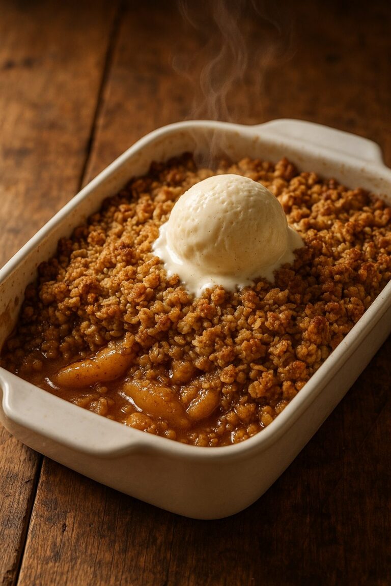 Classic apple crisp with a buttery oat topping and a scoop of vanilla ice cream melting on top