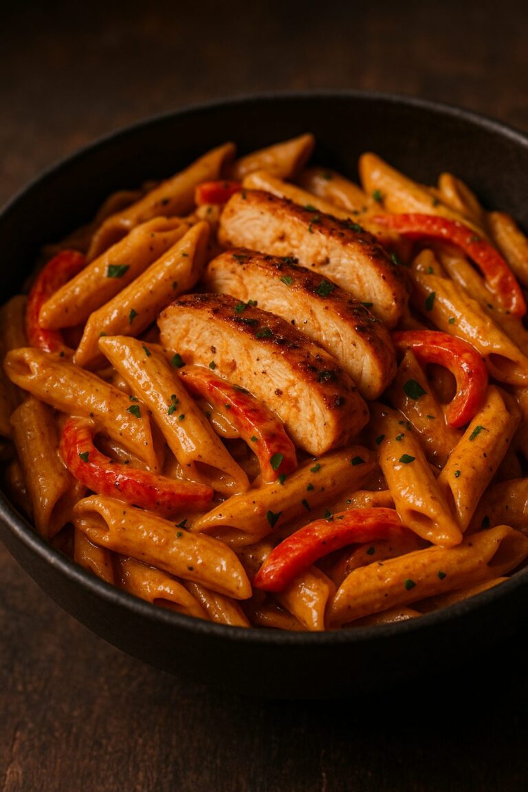 Creamy Cajun chicken pasta with sliced chicken and penne in a silky spiced sauce