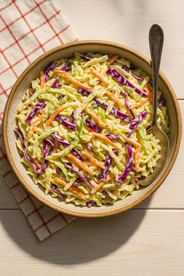 Classic creamy coleslaw with shredded cabbage and carrots in a tangy dressing