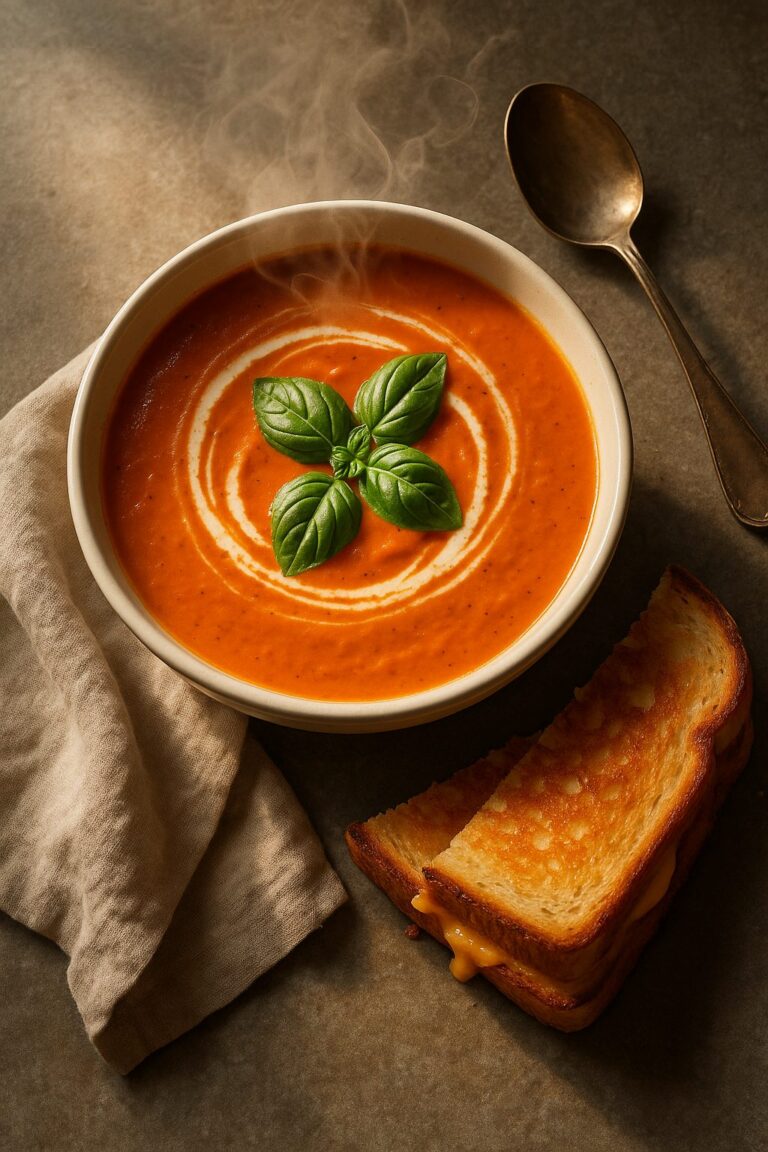 Creamy tomato basil soup garnished with fresh basil leaves and a swirl of cream