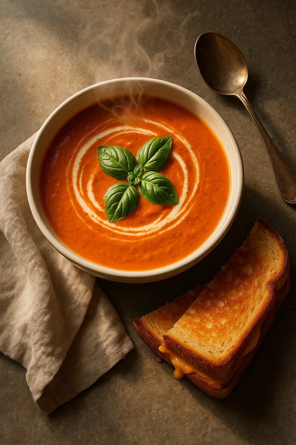 Creamy tomato basil soup garnished with fresh basil leaves and a swirl of cream