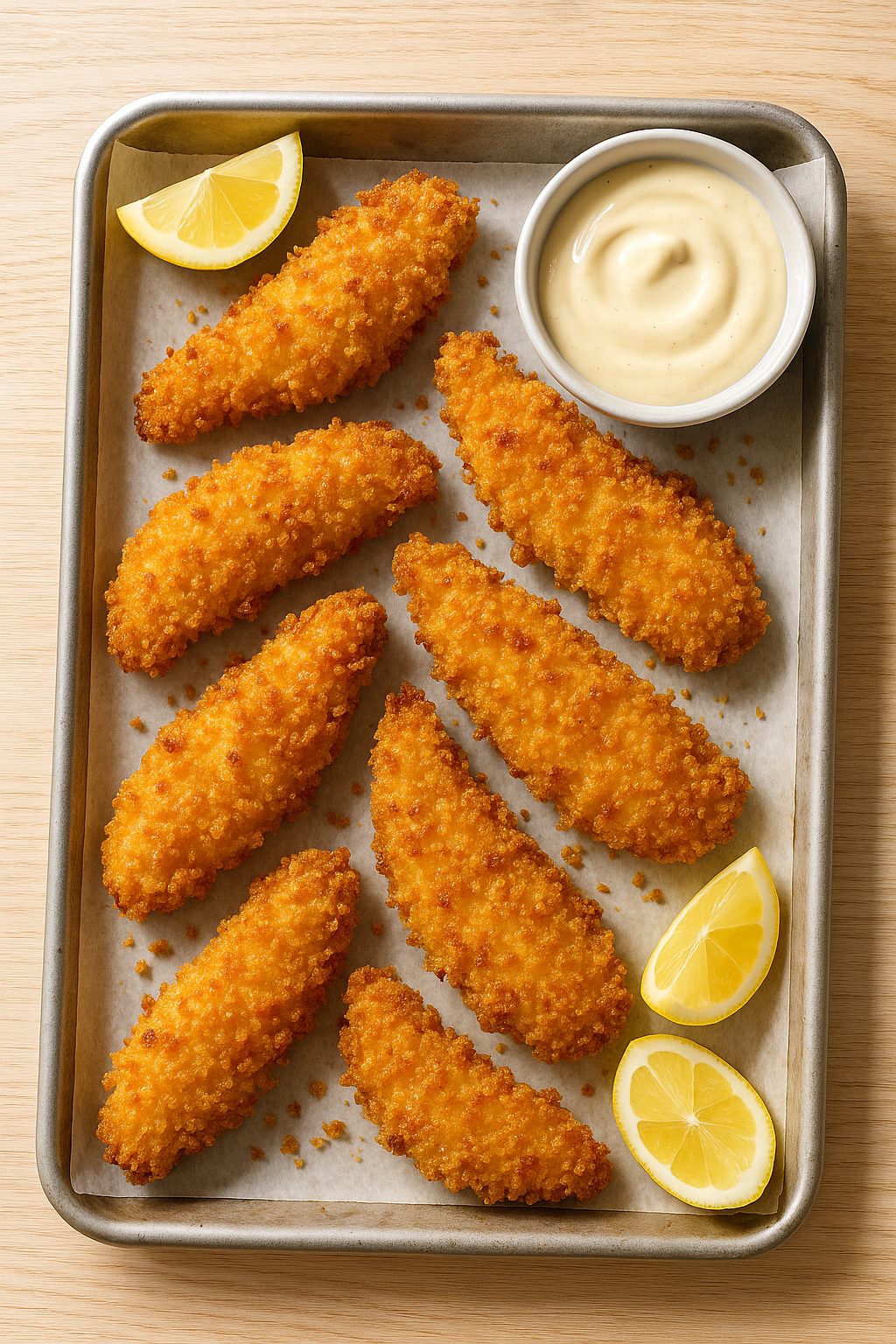 Crispy baked chicken tenders with a golden panko crust served with dipping sauce