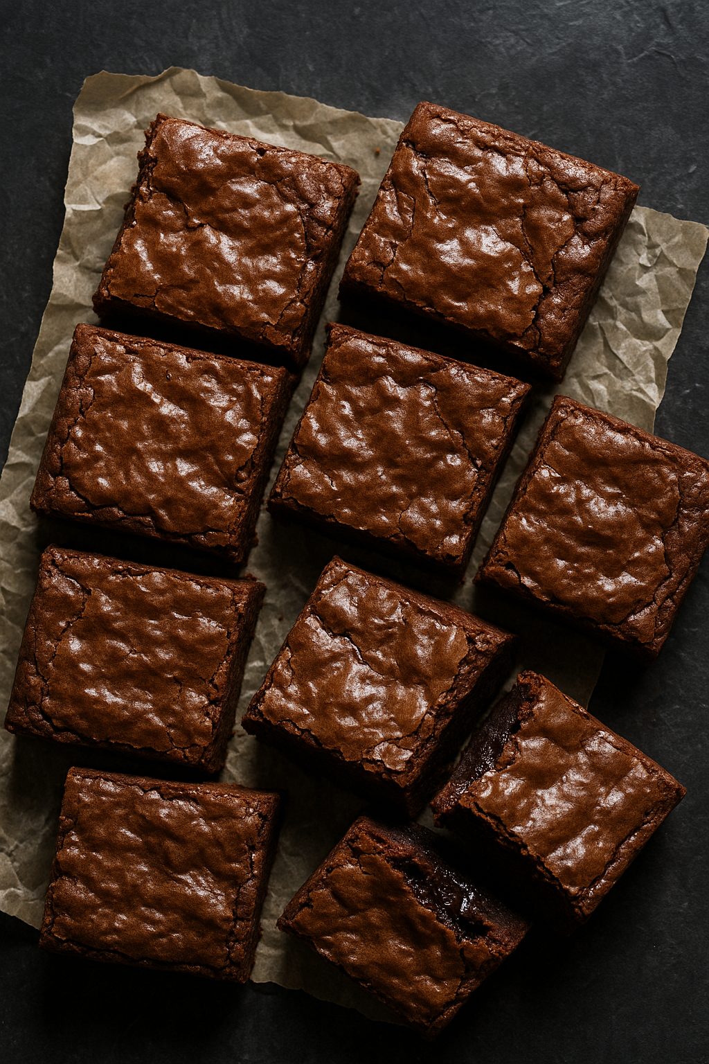 Fudgy chocolate brownies cut into squares showing a dense, glossy crackled top