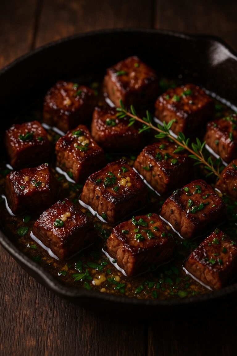 Garlic butter steak bites seared golden brown and tossed in herb butter in a skillet