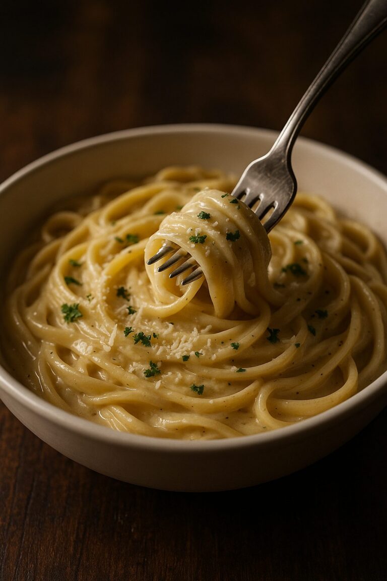 One-pot creamy garlic parmesan pasta twirled on a fork, coated in a silky sauce