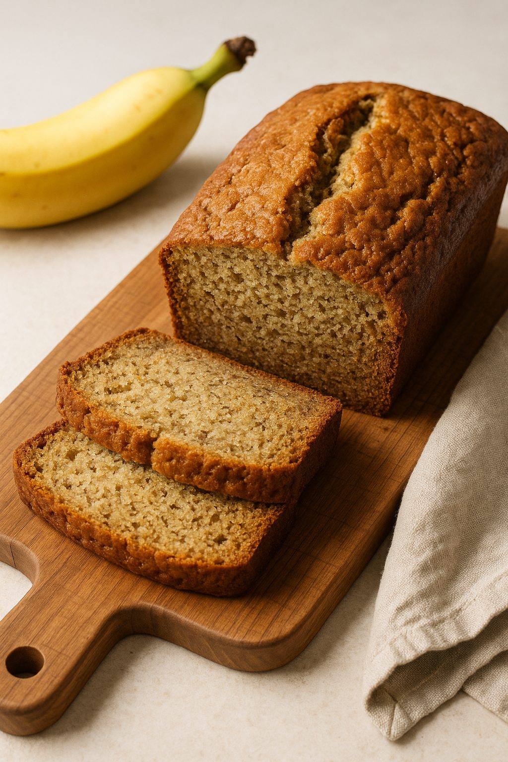 A sliced loaf of moist homemade banana bread with a golden crackly top on a wooden board