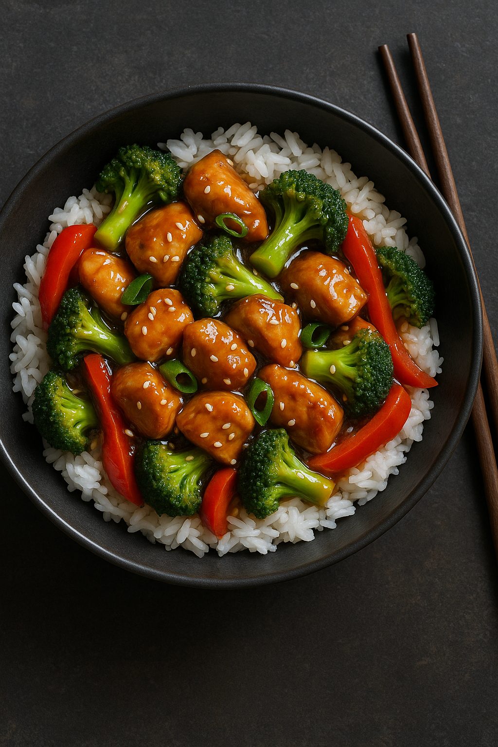 Honey garlic chicken stir-fry with broccoli and peppers in a glossy sauce over rice