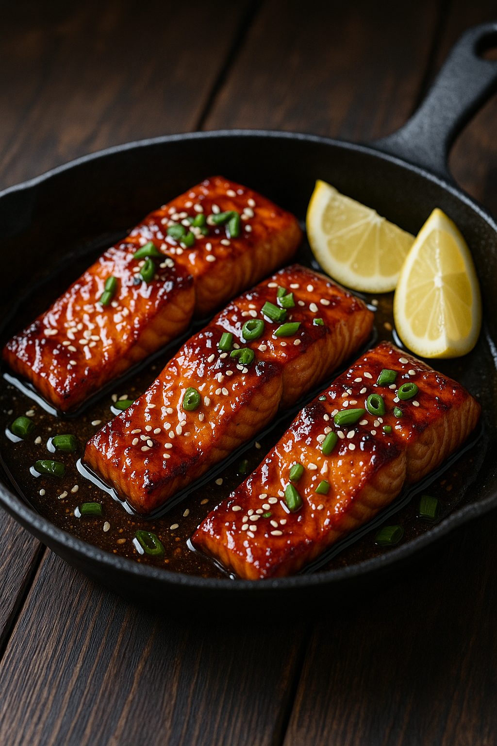 Crispy honey garlic salmon fillets with a glossy glaze and sesame seeds