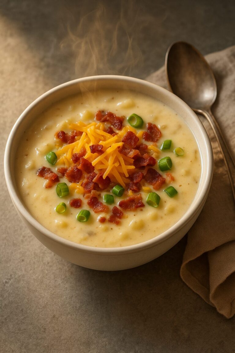 Loaded baked potato soup topped with cheddar, bacon and green onions in a bowl