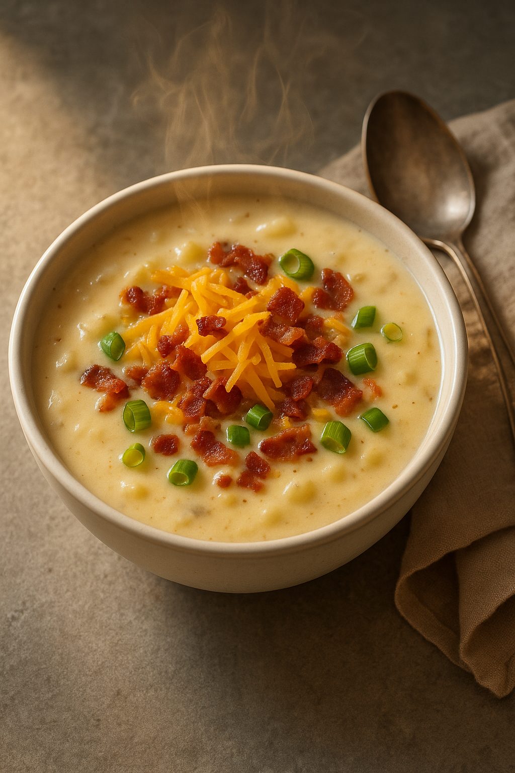 Loaded baked potato soup topped with cheddar, bacon and green onions in a bowl