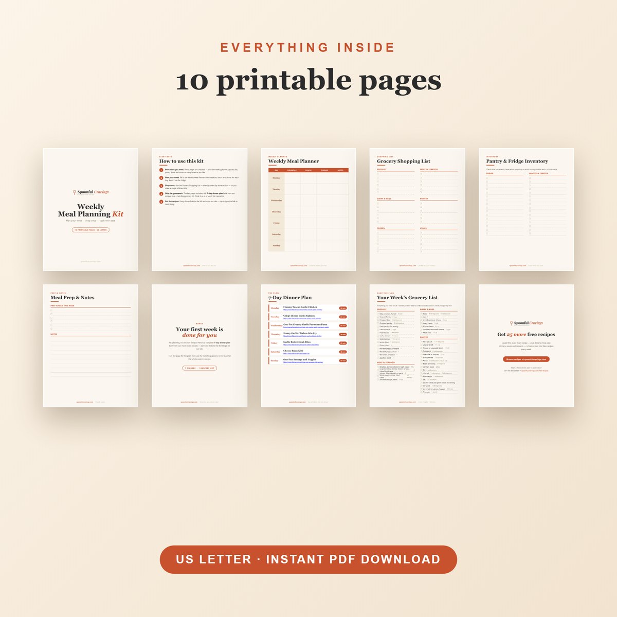 All 10 printable pages of the Weekly Meal Planning Kit