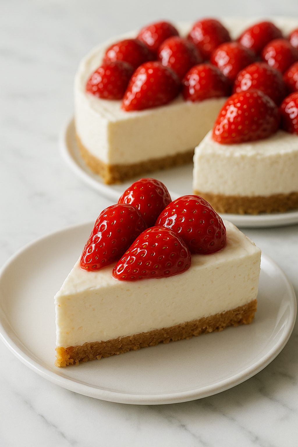 No-bake strawberry cheesecake with a graham cracker crust topped with fresh strawberries