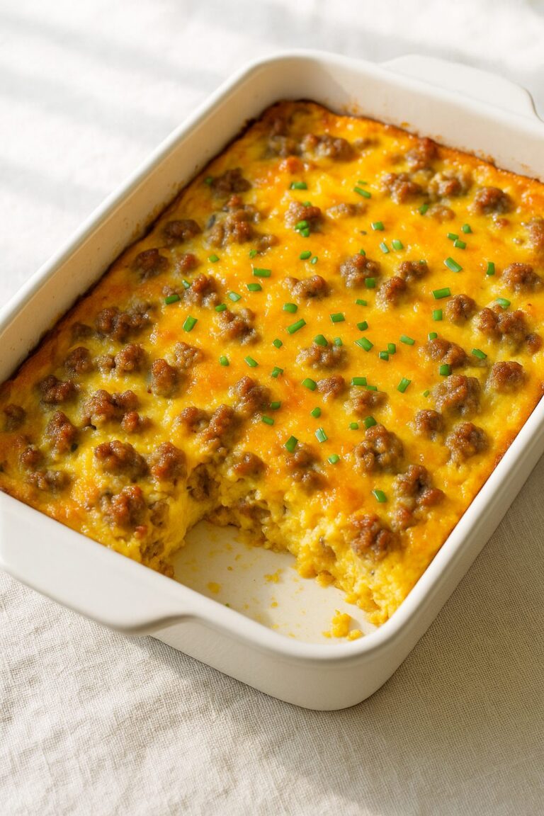 Cheesy sausage breakfast casserole with eggs and melted cheese in a baking dish