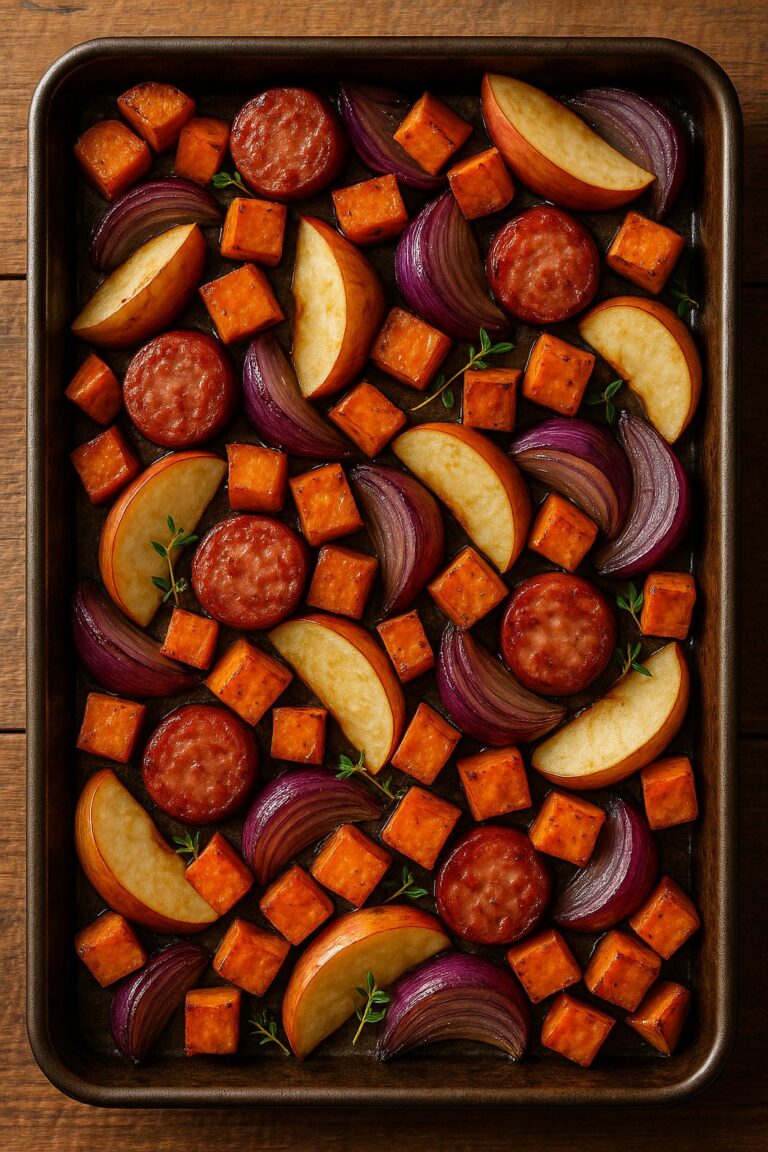 Sheet Pan Sausage with Apples and Sweet Potatoes
