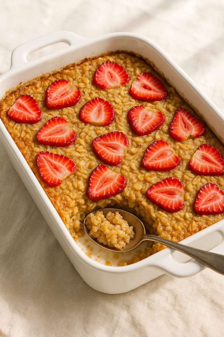 Strawberry banana baked oatmeal in a baking dish topped with fresh strawberry slices